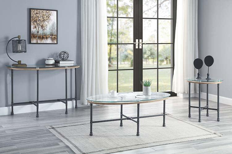 ACME Brantley Sofa Table, Clear Glass & Sandy Gray Finish FredCo