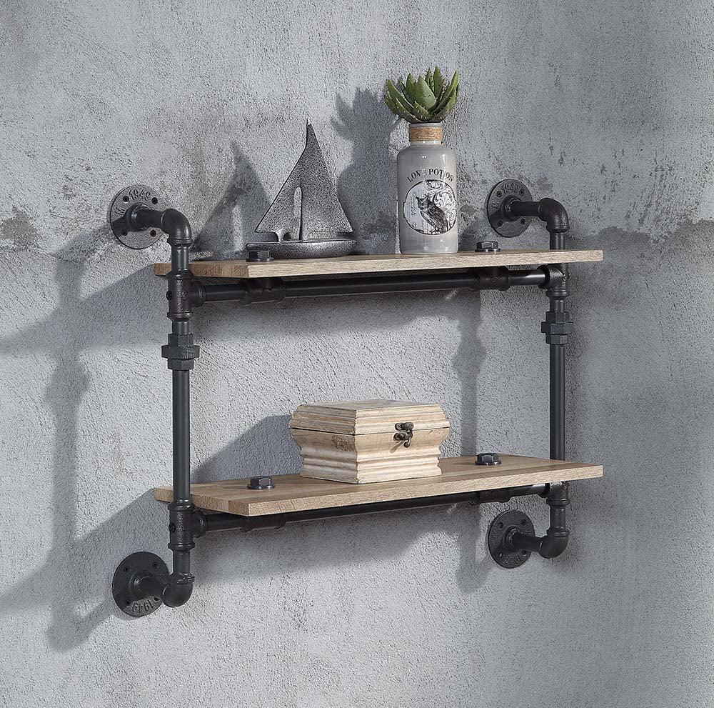 ACME Brantley Wall Rack w/2 Shelves, Oak & Sandy Black Finish FredCo