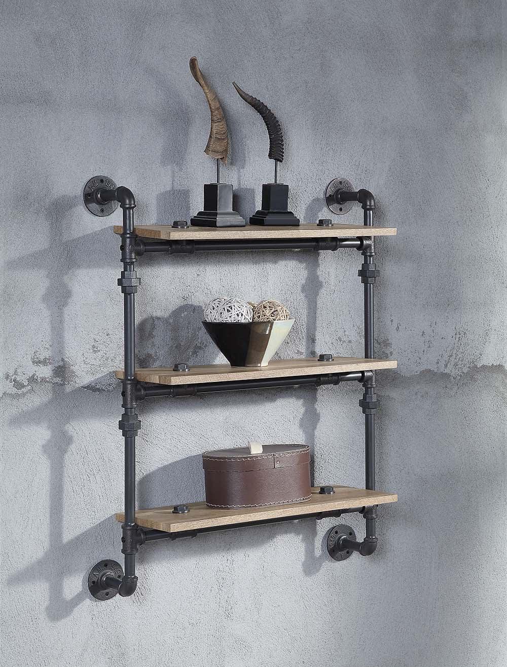 ACME Brantley Wall Rack w/3 Shelves, Oak & Sandy Black Finish FredCo