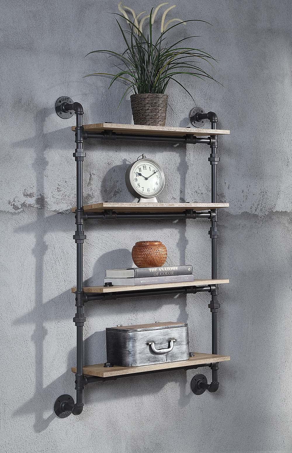 ACME Brantley Wall Rack w/4 Shelves, Oak & Sandy Black Finish FredCo