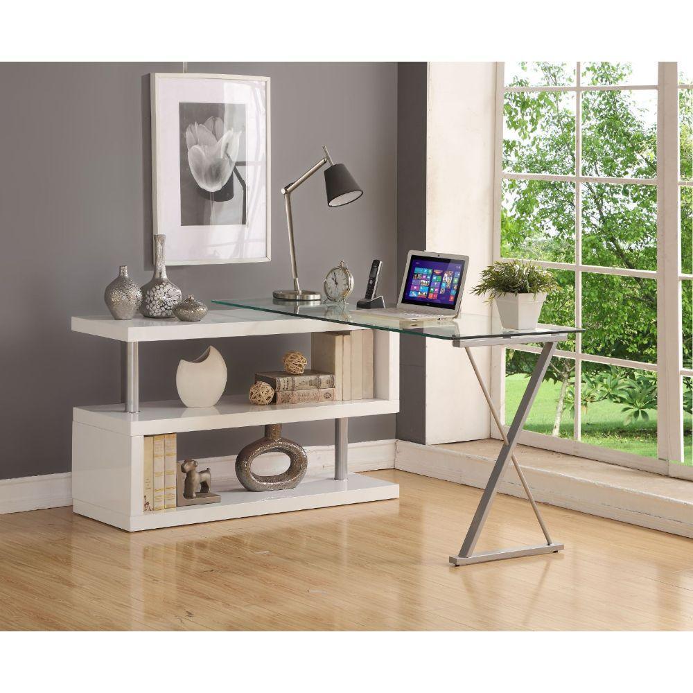 ACME Buck Desk w/Swivel, White High Gloss & Clear Glass FredCo