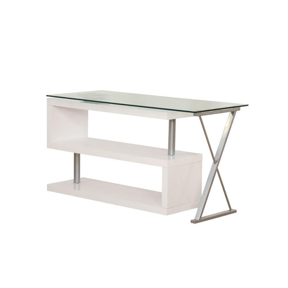 ACME Buck Desk w/Swivel, White High Gloss & Clear Glass FredCo