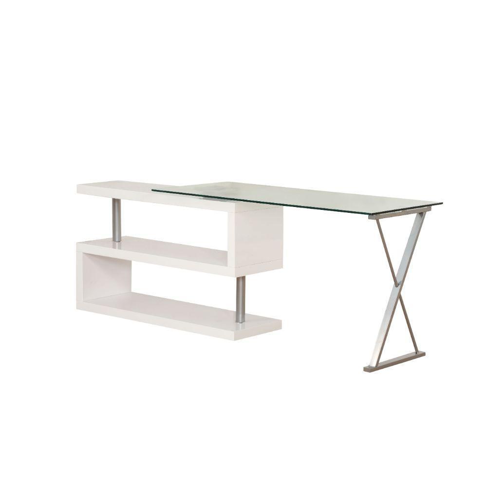 ACME Buck Desk w/Swivel, White High Gloss & Clear Glass FredCo