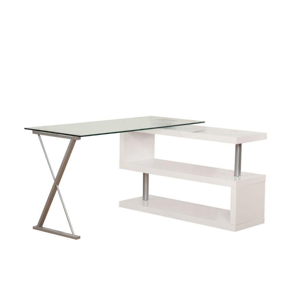 ACME Buck Desk w/Swivel, White High Gloss & Clear Glass FredCo