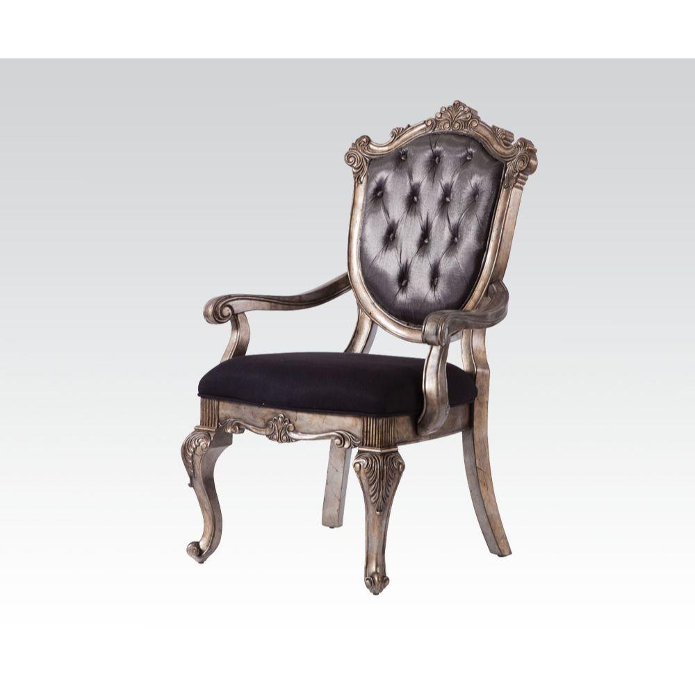 ACME Chantelle Arm Chair, Silver Gray Silk-Like Fabric & Antique Platinum FredCo