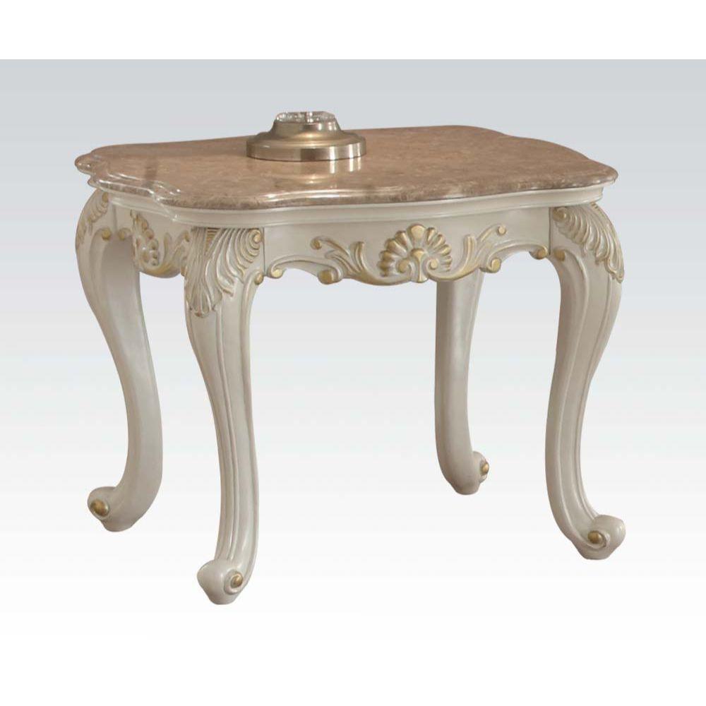 ACME Chantelle End Table w/Marble Top, Marble & Pearl White FredCo