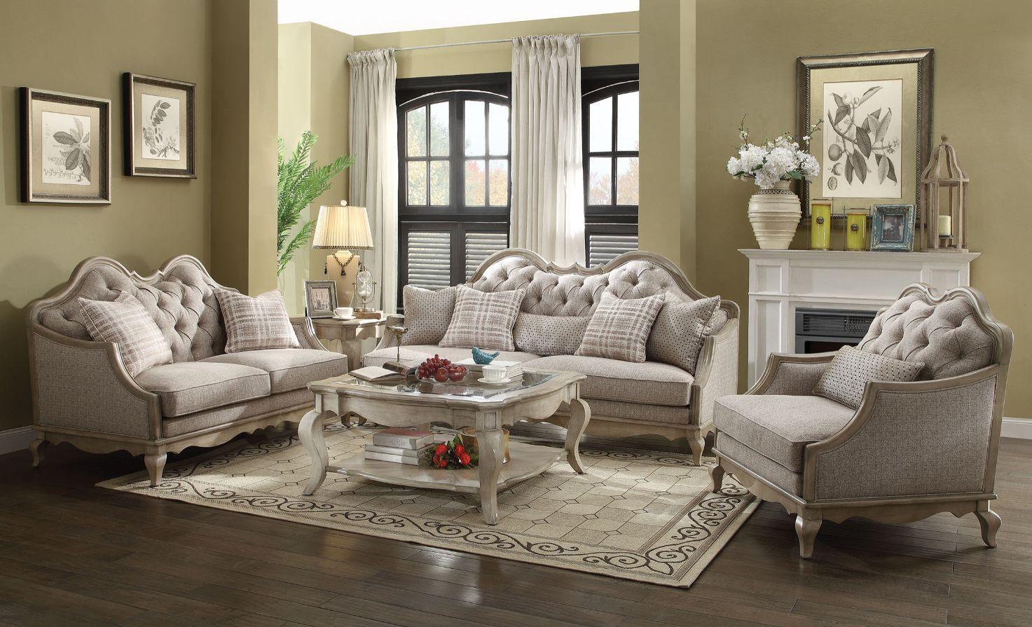ACME Chelmsford Sofa w/5 Pillows, Beige Fabric & Antique Taupe FredCo