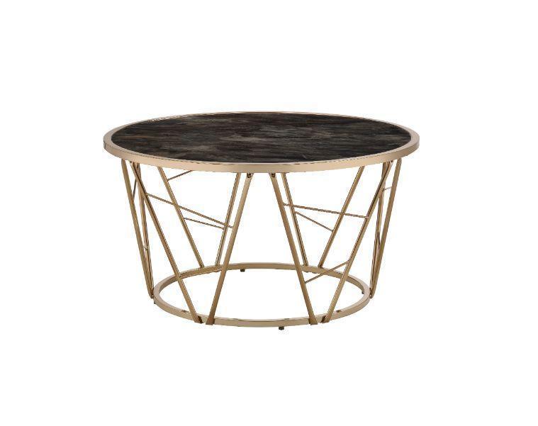 ACME Cicatrix Coffee Table, Faux Black Marble Glass & Champagne Finish FredCo
