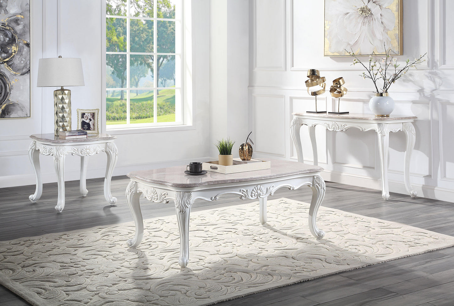 ACME Ciddrenar Sofa Table, Marble Top & White Finish FredCo