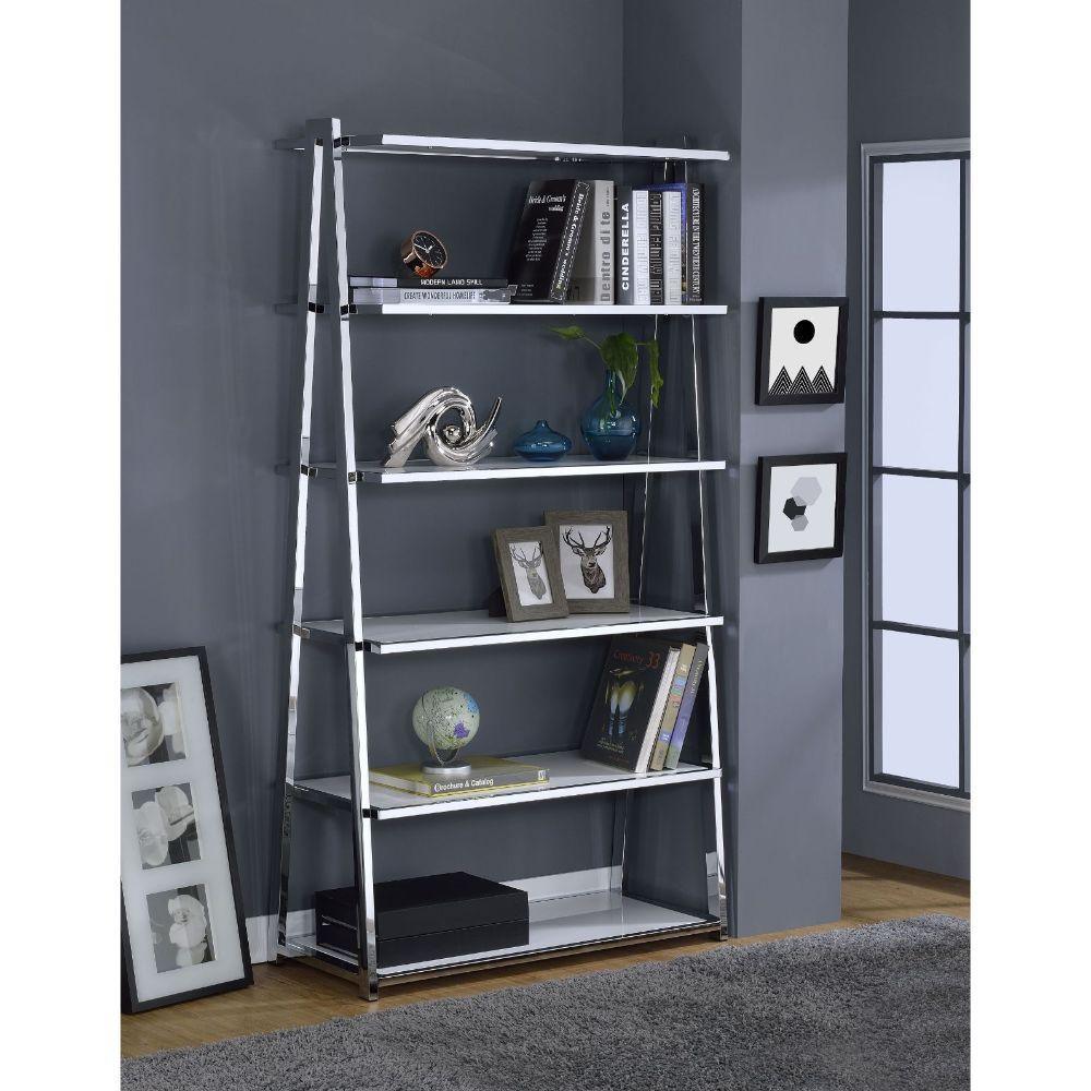 ACME Coleen Bookshelf, White High Gloss & Chrome 92455 FredCo