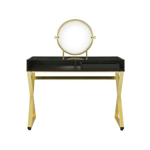 ACME Coleen Vanity Desk w/Mirror & Jewelry Tray, Black & Gold Finish FredCo