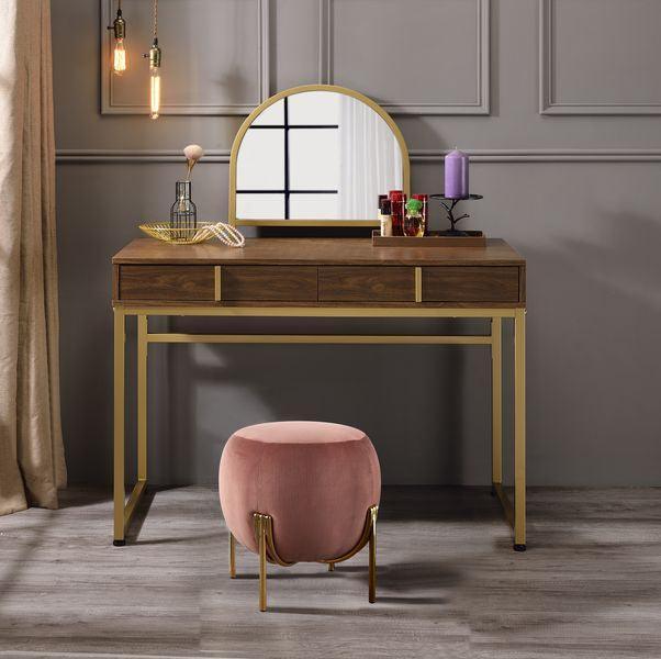 ACME Coleen Vanity Desk w/Mirror & Jewelry Tray, Walnut & Gold FredCo