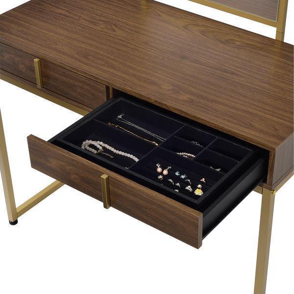 ACME Coleen Vanity Desk w/Mirror & Jewelry Tray, Walnut & Gold FredCo