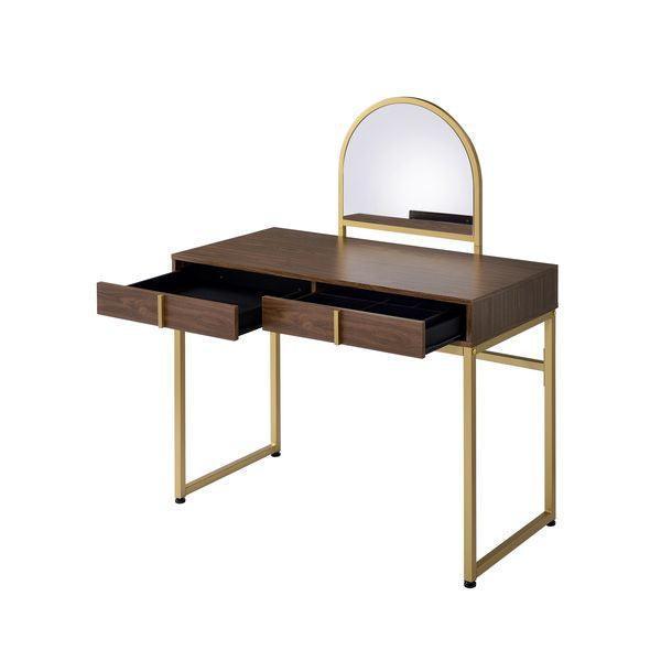 ACME Coleen Vanity Desk w/Mirror & Jewelry Tray, Walnut & Gold FredCo