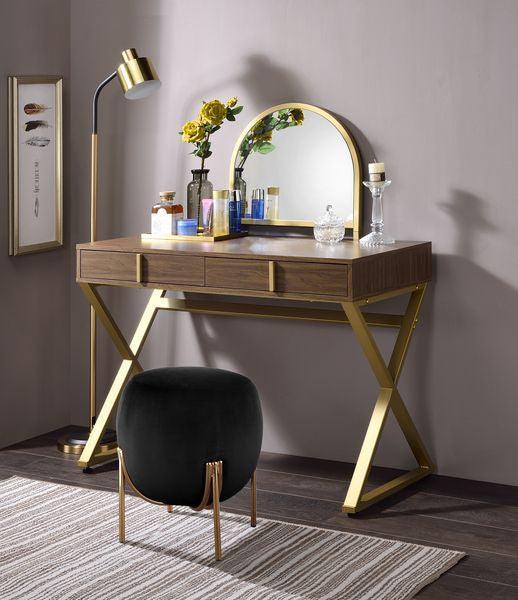 ACME Coleen Vanity Desk w/Mirror & Jewelry Tray, Walnut & Gold Finish FredCo
