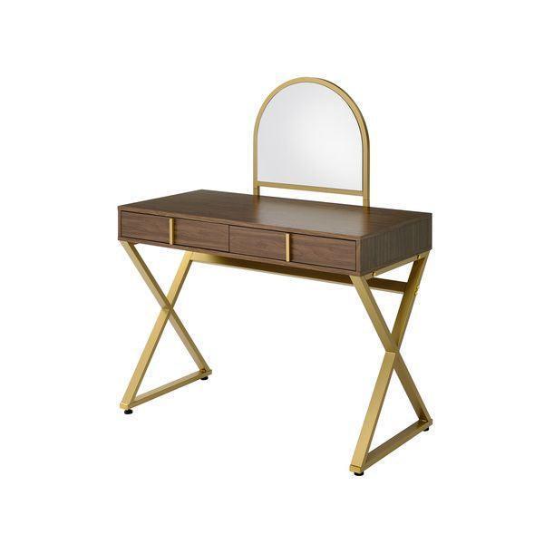 ACME Coleen Vanity Desk w/Mirror & Jewelry Tray, Walnut & Gold Finish FredCo