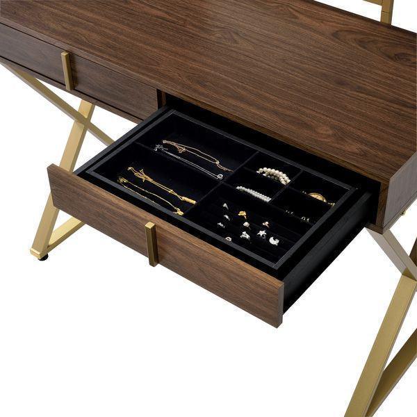 ACME Coleen Vanity Desk w/Mirror & Jewelry Tray, Walnut & Gold Finish FredCo
