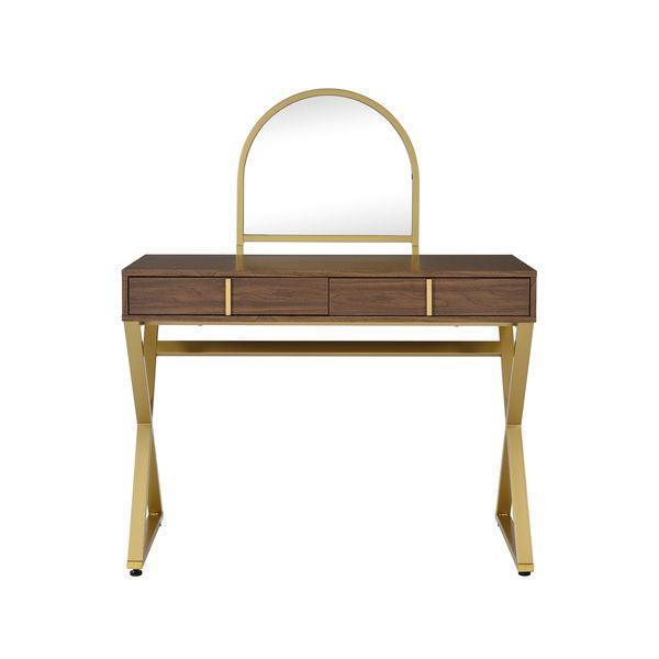 ACME Coleen Vanity Desk w/Mirror & Jewelry Tray, Walnut & Gold Finish FredCo