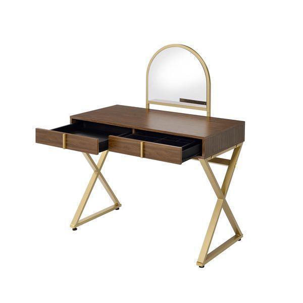 ACME Coleen Vanity Desk w/Mirror & Jewelry Tray, Walnut & Gold Finish FredCo
