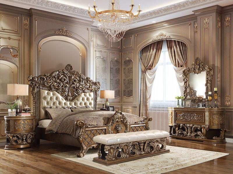 ACME Constantine Bench, Pu Leather, Light Gold, Brown & Gold Finish FredCo
