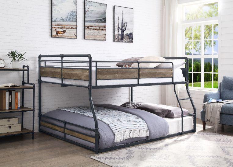 ACME Cordelia Full/Queen Bunk Bed, Antique Oak, Sandy Black & Dark Bronze Hand-Brushed Finish FredCo