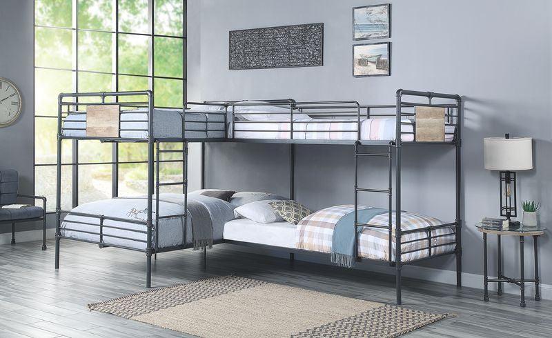 ACME Cordelia Twin/Full L Shape Bunk Bed, Sandy Black, Dark Brone Hand-Brushed Finish FredCo
