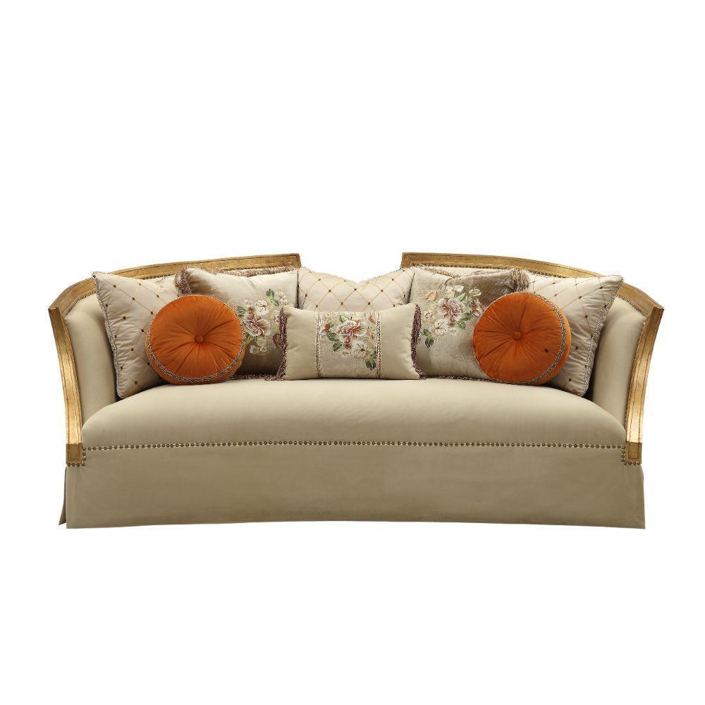 ACME Daesha Sofa w/8 Pillows, Tan Flannel & Antique Gold FredCo