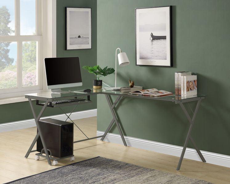 ACME Demas Computer Desk, Clear Glass & Silver Finish FredCo
