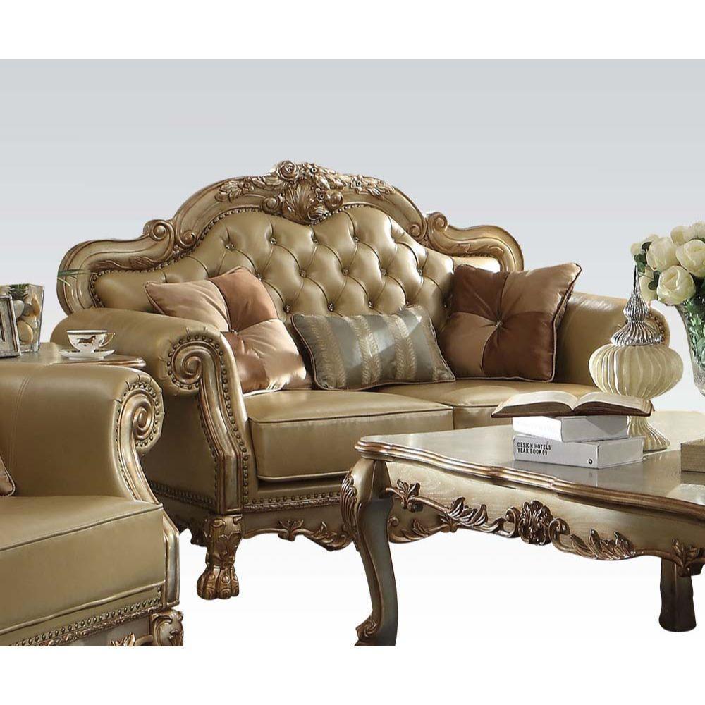 ACME Dresden Loveseat w/3 Pillows, Bone PU & Gold Patina FredCo