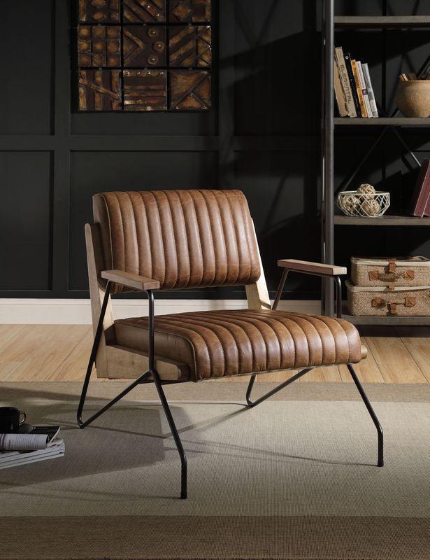 ACME Eacnlz Accent Chair, Cocoa Top Grain Leather & Matt Iron Finish FredCo