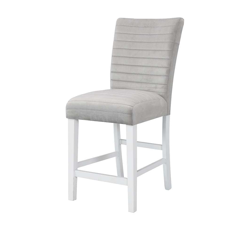 ACME Elizaveta Counter Height Chair (Set of 2), Gray Velvet, Faux Crystal Diamonds &White High Gloss Finish FredCo