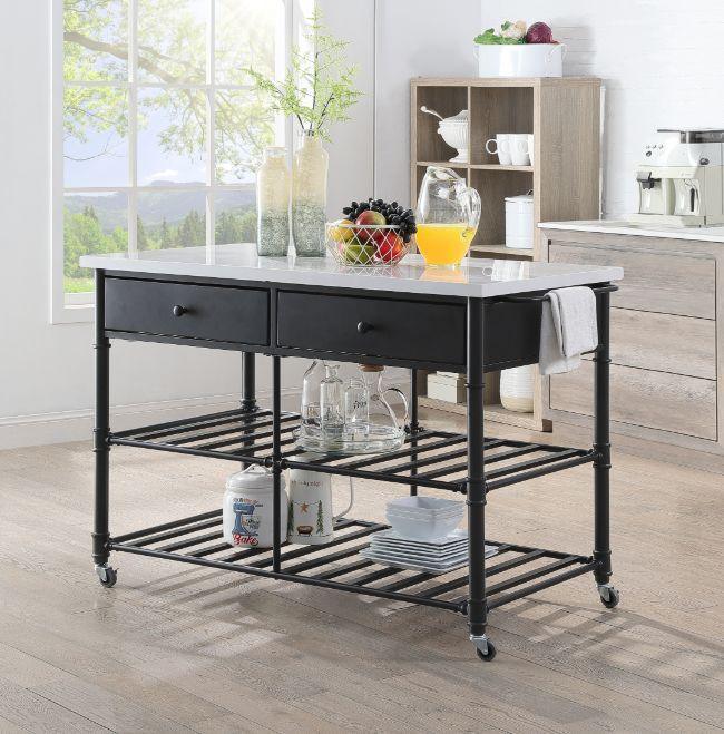 ACME Emery Kitchen Island, White Cultured Stone & Gray Finish FredCo