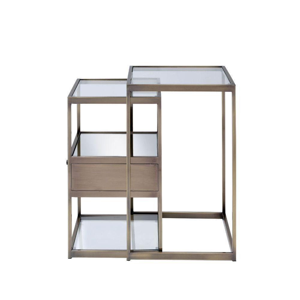 ACME Enca 2Pc Pack Nesting Tables Set, Antique Brass & Clear Glass FredCo