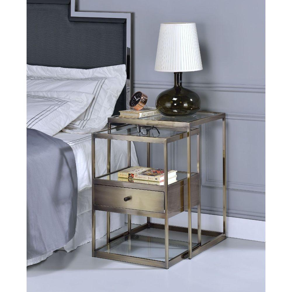 ACME Enca 2Pc Pack Nesting Tables Set, Antique Brass & Clear Glass FredCo