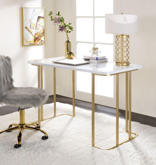 ACME Estie Writing Desk, White & Gold Finish FredCo