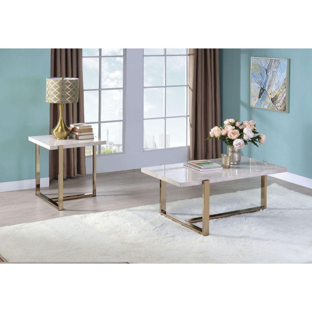 ACME Feit End Table, Faux Marble & Champagne FredCo