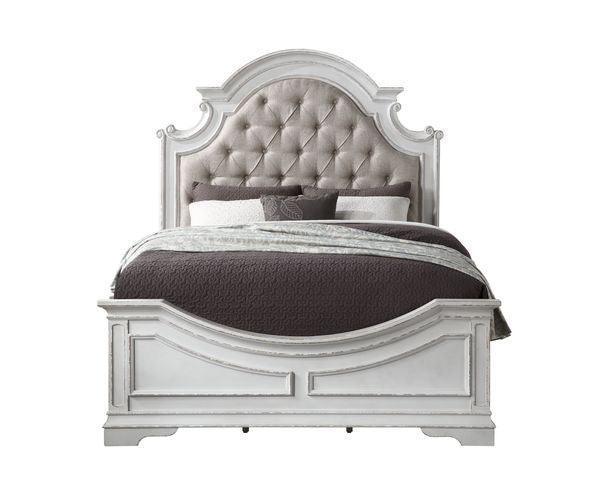 ACME Florian Queen Bed , Beige PU & Antique White Finish FredCo