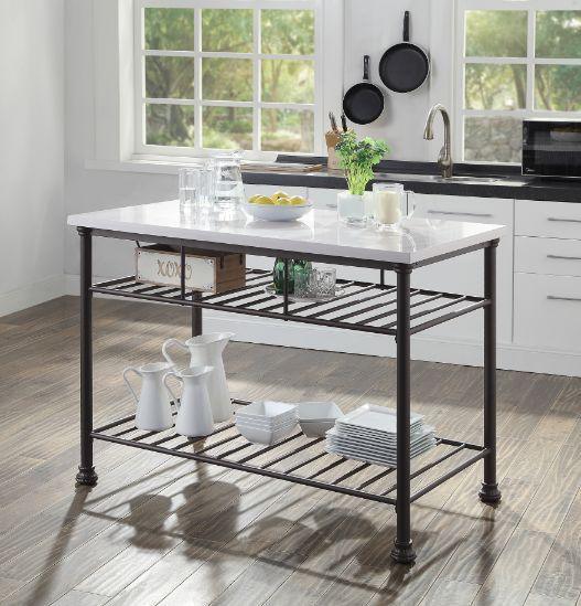 ACME Freyja Kitchen Island, White Cultured Stone & Gray Finish FredCo