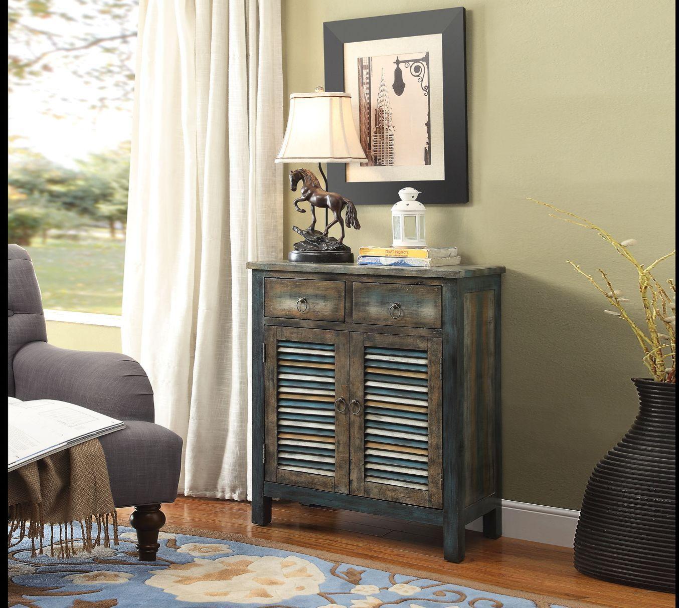 ACME Glancio Console Table, Antique Oak & Teal FredCo