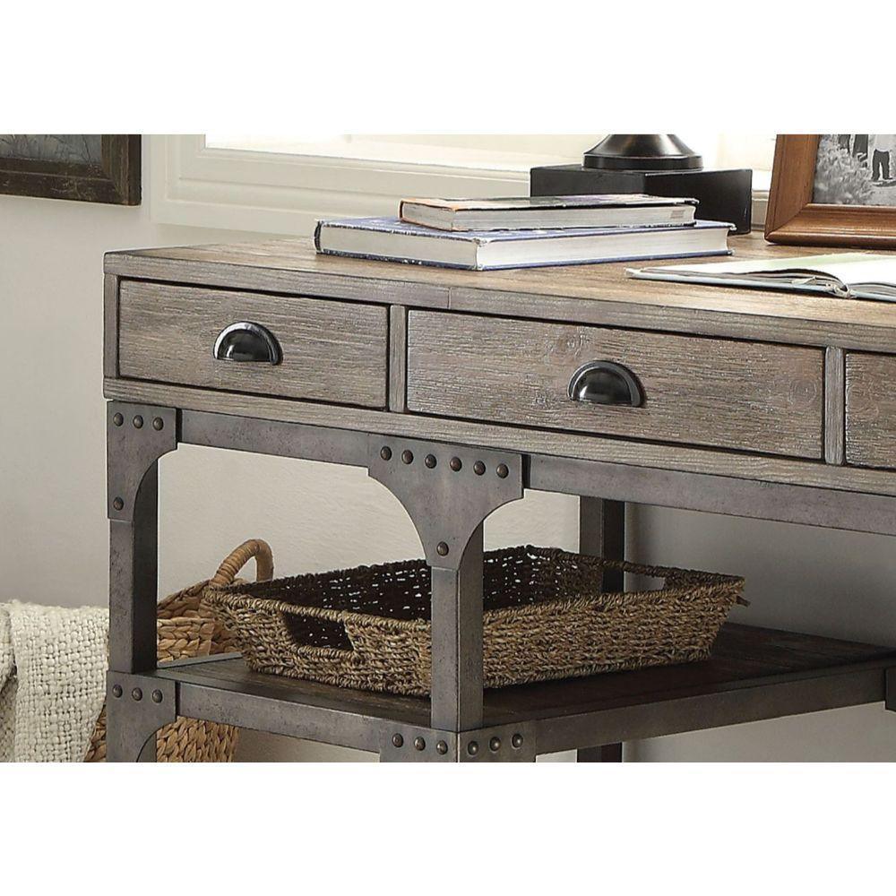 ACME Gorden Desk, Weathered Oak & Antique Silver FredCo