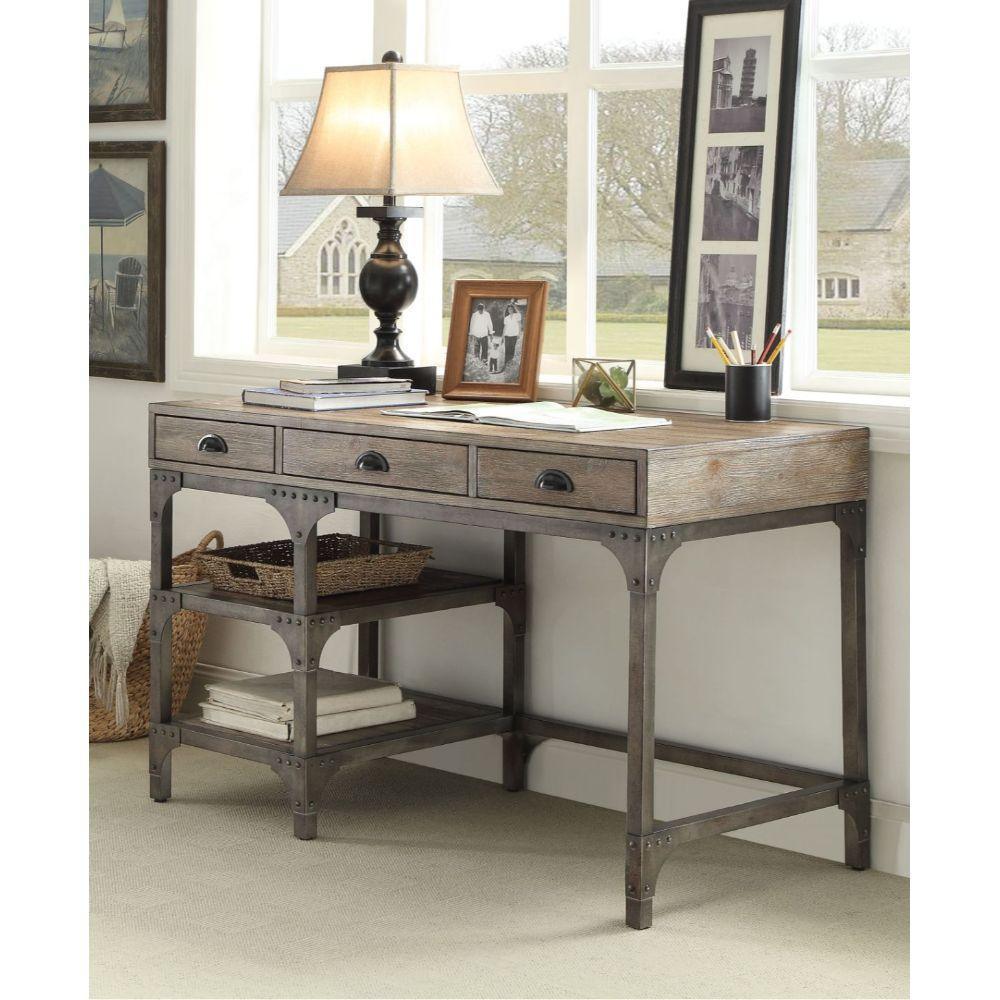 ACME Gorden Desk, Weathered Oak & Antique Silver FredCo