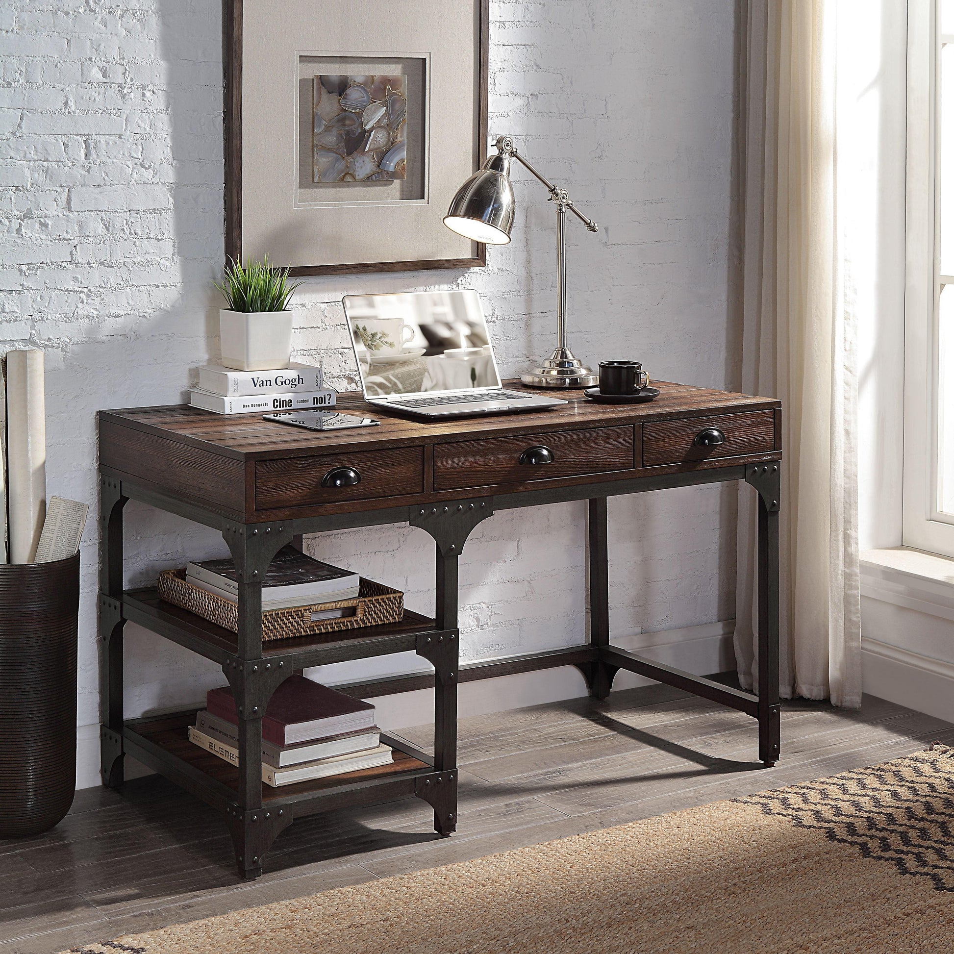 ACME Gorden Writing Desk, Espresso Oak Finish & Antique Black Metal FredCo