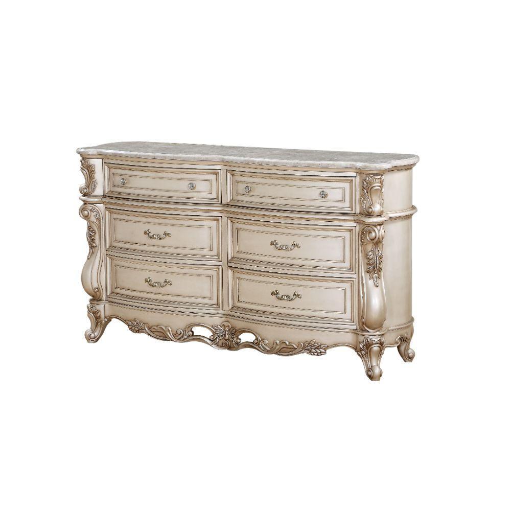 ACME Gorsedd Dresser w/Marble Top, Marble & Antique White FredCo