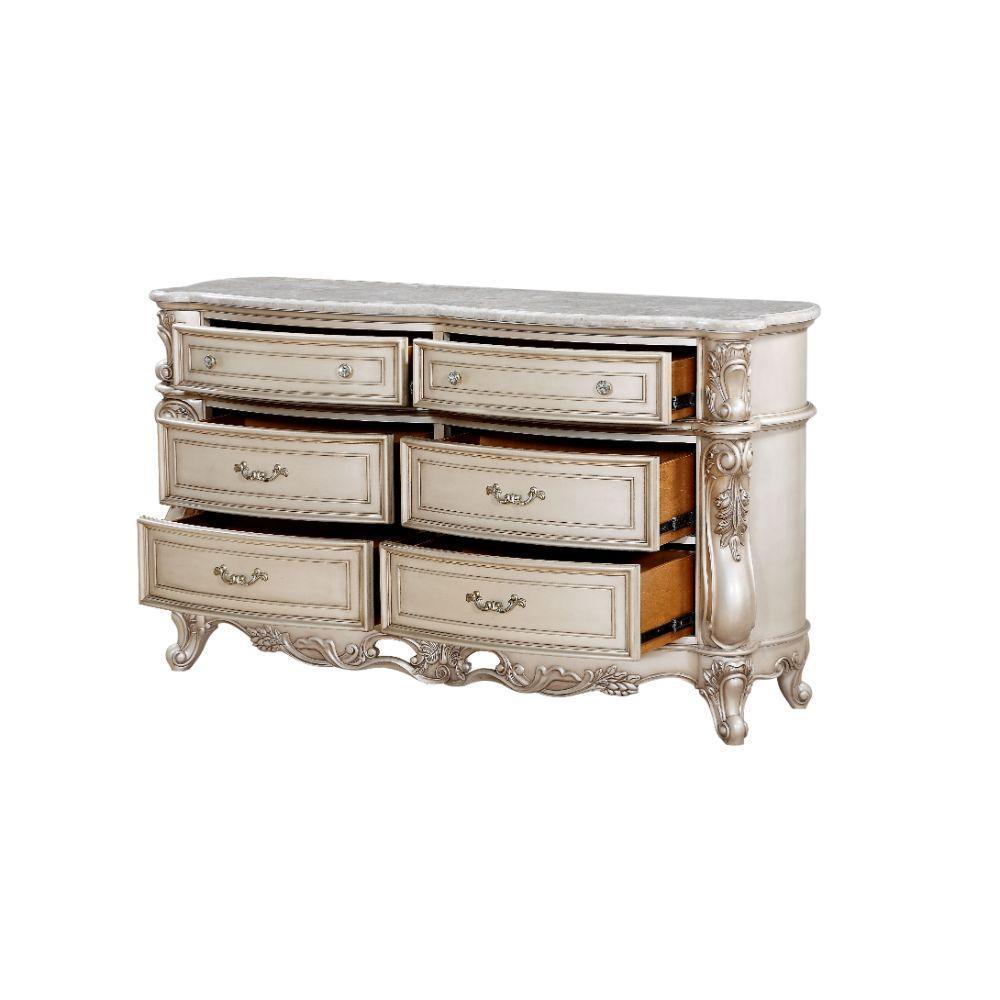 ACME Gorsedd Dresser w/Marble Top, Marble & Antique White FredCo