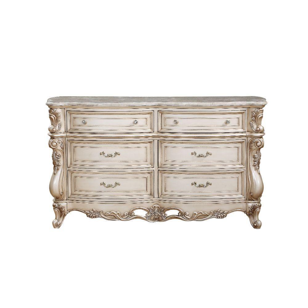 ACME Gorsedd Dresser w/Marble Top, Marble & Antique White FredCo