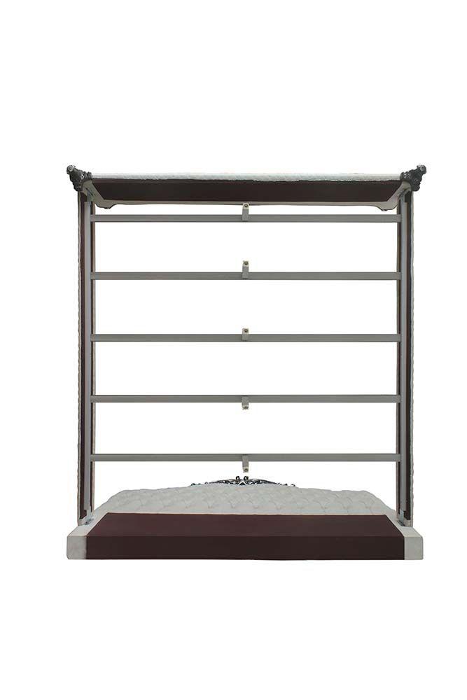 ACME House Delphine Queen Bed, Two Tone Ivory Fabric & Charcoal Finish FredCo