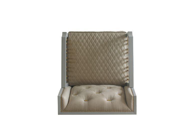 ACME House Marchese Chair w/Pillow, Pearl White PU, Two Tone Beige Fabric, Gold & Pearl Gray Finish FredCo
