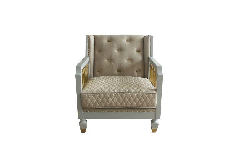 ACME House Marchese Chair w/Pillow, Pearl White PU, Two Tone Beige Fabric, Gold & Pearl Gray Finish FredCo