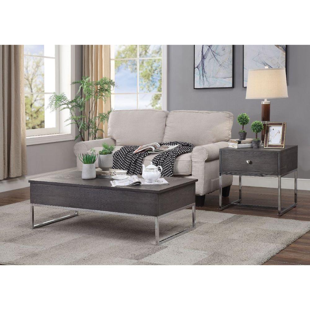 ACME Iban - Coffee Table w/Lift Top, Gray Oak & Chrome FredCo