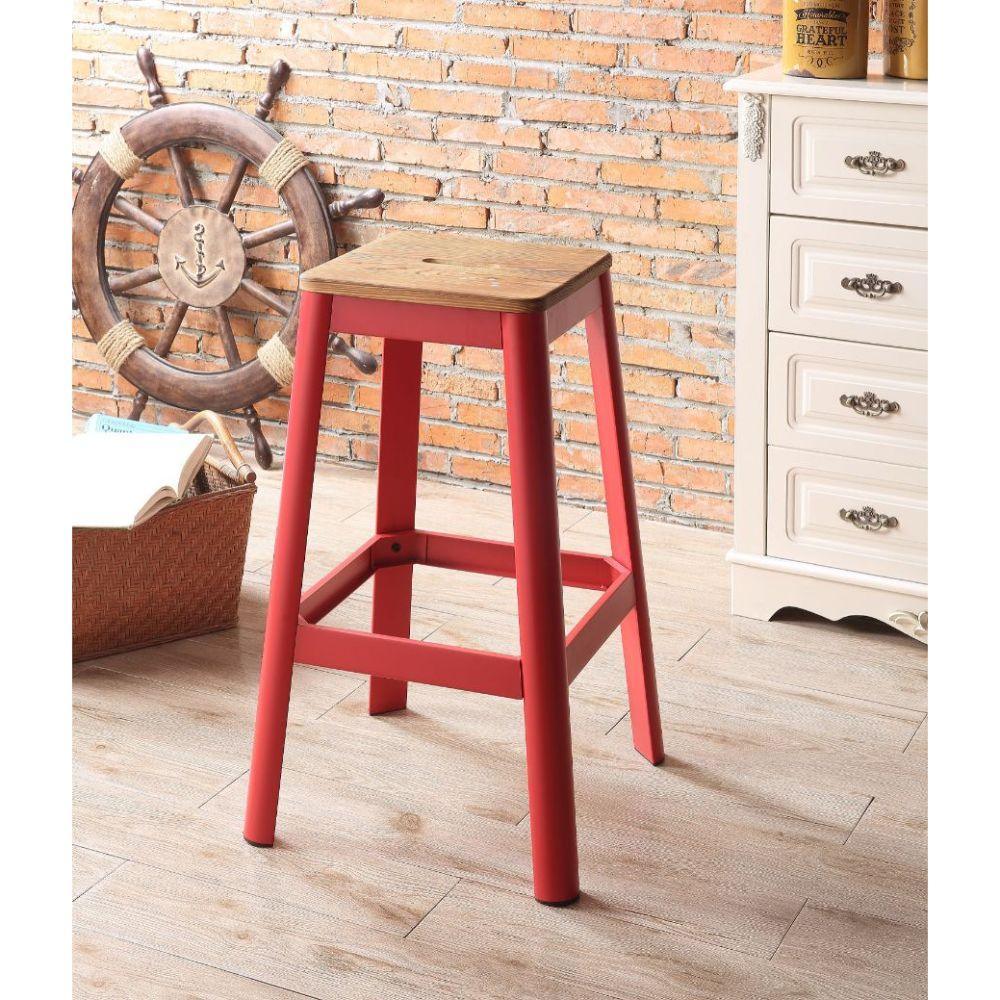 ACME Jacotte Bar Stool (1Pc), Natural & Red, 30" Seat Height FredCo